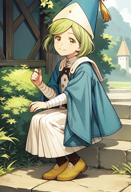 score_9, score_8_up, score_7_up BREAK CocoAtelier, 1girl, light green bob cut, light green eyes, tasseled blue white princess hat, blue white cape, long-sleeved white shirt, dark leggings, yellow shoes, smiling at viewer, solo, solo focus, anime, source_anime, full body,