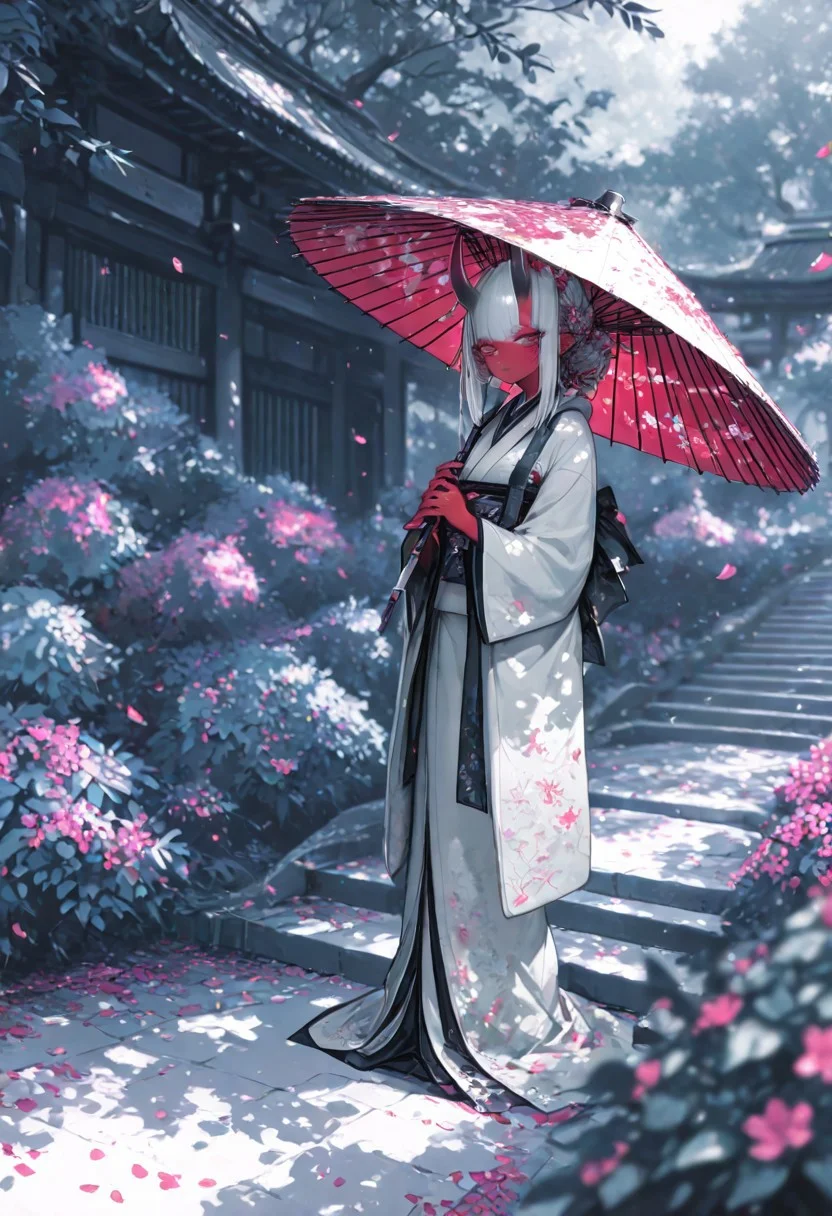 masterpiece, best quality, Good quality, very aesthetic, absurdres, newest,1girl, light rays, looking at viewer, solo,
Cinematic Lighting, gradient color, gorgeous girl
BREAK
masterpiece, amazing quality, best quality, ultra-detailed, 8K, illustration, CG, ultra-detailed-eyes, detailed background, cute girl, eyelashes, erotic, love, petals falling,
BREAK
(sexy, slutty, hot, aroused),
Aka-Oni, oni, colored skin, red skin, smooth horns, black horns
BREAK
flower, outdoors, day, blurry, tree, petals, leaf, sunlight, plant, building, scenery, nature, blurry foreground, stairs, bush, wide shot, dappled sunlight, falling leaves, limited palette, kimono, holding umbrella,