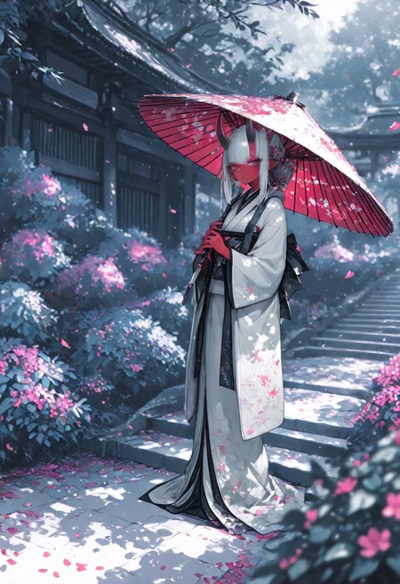 masterpiece, best quality, Good quality, very aesthetic, absurdres, newest,1girl, light rays, looking at viewer, solo, 
Cinematic Lighting, gradient color, gorgeous girl
BREAK
masterpiece, amazing quality, best quality, ultra-detailed, 8K, illustration, CG, ultra-detailed-eyes, detailed background, cute girl, eyelashes, erotic, love, petals falling,
BREAK
(sexy, slutty, hot, aroused), 
Aka-Oni, oni, colored skin, red skin, smooth horns, black horns
BREAK
flower, outdoors, day, blurry, tree, petals, leaf, sunlight, plant, building, scenery, nature, blurry foreground, stairs, bush, wide shot, dappled sunlight, falling leaves, limited palette, kimono, holding umbrella,