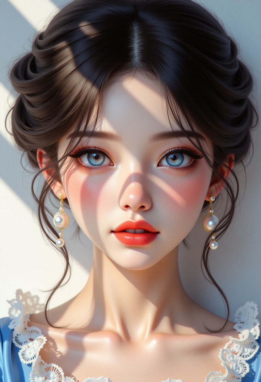 photorealistic digital artwork of a woman with expressive blue eyes and a delicate, framed face. Her straight hair is styled in a loose updo, with lush, voluminous waves cascading to her shoulders. The lighting accentuates her cheeks and forehead, creating a soft glow. The woman's appearance resembles a character from a Japanese anime, with hyper-realistic features, detailed textures, and striking, photorealistic detail.