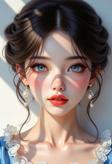 photorealistic digital artwork of a woman with expressive blue eyes and a delicate, framed face. Her straight hair is styled in a loose updo, with lush, voluminous waves cascading to her shoulders. The lighting accentuates her cheeks and forehead, creating a soft glow. The woman's appearance resembles a character from a Japanese anime, with hyper-realistic features, detailed textures, and striking, photorealistic detail.