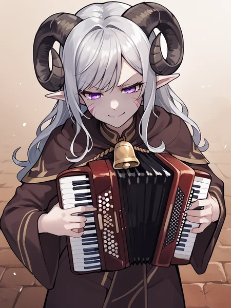 <lora:accordion:1> accordion, holding instrument, playing instrument, source_furry, score_7_up, rating_safe, cowboy shot, gold necklace, tiefing, short pointed ears, horns, (a pair of brown sheep Horns that begin at her temples and curve back: 1.5), bangs,long silver hair long wavy hair, pale skin,<lora:whisker_markings:0.8> whisker_markings:1.4 , pointy ears, purple eyes:1.2, <lora:age_slider_v4:0.6> medium breasts, skinny female, close up, silver hair, <lora:Tieflingnew weird fantasyDND:0.3> Tiefling, pointed ears, horns, from above, angry, half-closed eyes:1.5, smile mouth:1.2,<lora:Smooth Style 2 SDXL_LoRA_Pony Diffusion V6 XL:0.5> bell, robe, hood off, <lora:Nanoless_Artist_Style_PonyXL:0.3> , shaded face:1.2,