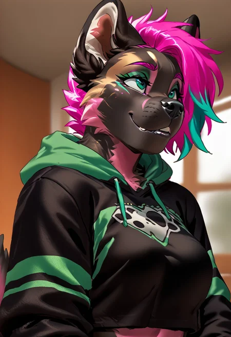 score_9, score_8_up, score_7_up, (by kittydee:1.5), (by jailbird:1.5), (by zummeng:1.5), masterpiece, best quality,
(Furry Art: Anthro: Cane Corso:1.5), 1girl, expressive eyes, feminine eyes, perfect face, feminine face, dog, canine, cropped dog ears, cropped dog tail, dark fur, brindle fur, (pink hair with aqua green highlights:1.5), spiky hair, pixie cut hair, medium breasts, gothic clothing,