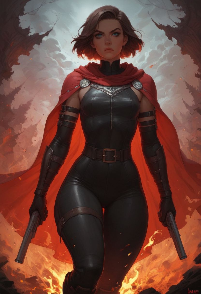 (score_9, score_8_up:1.1), score_7_up, 1girl, sexy, (short brown hair), blue eyes, small tits, flat chest, (thick thighs), ((wearing metal battle armour)), leather pants, long red cape floating in the wind, holding a flintstock pistol, dungeons and dragons, goddess, dynamic pose, burning forest, fire everywhere, smoke, red sky, portrait, serious face
