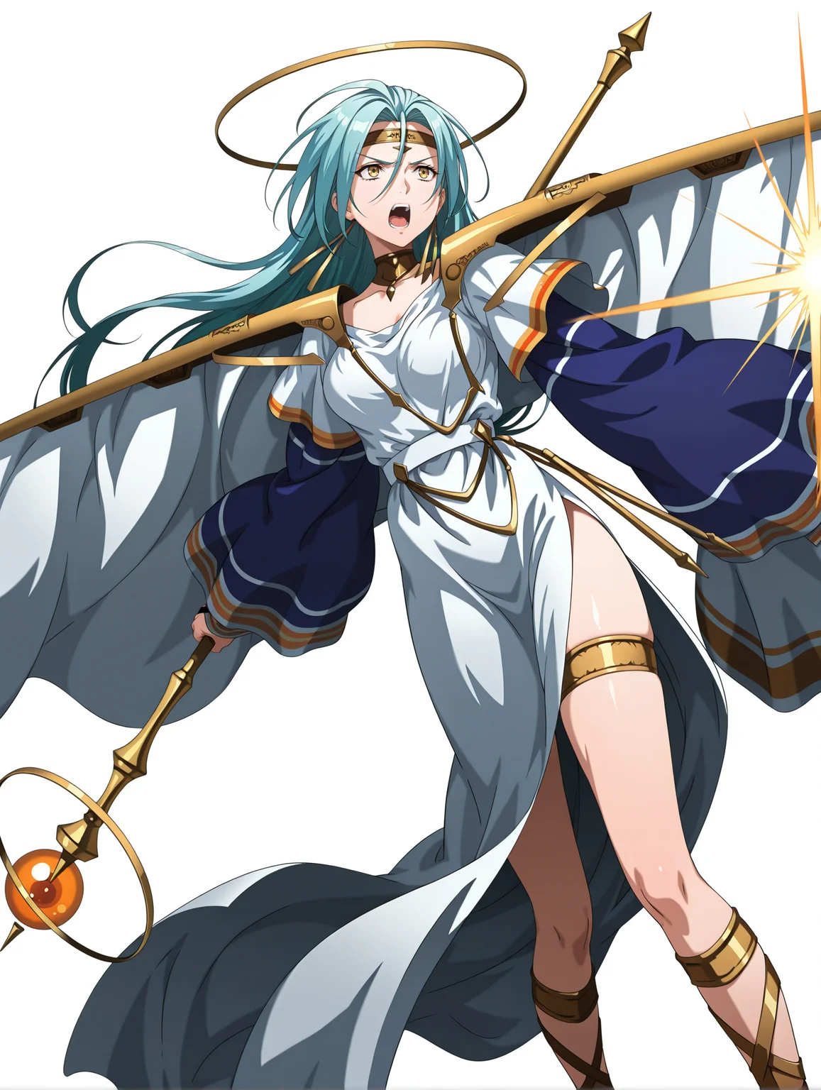 masterpiece,best quality,amazing quality,
1girl,solo,
<lora:Lushiris_ilxl_v1.0>,lushiris,halo,blue hair,yellow eyes,l_clothes,dress,blue sleeves,jewelry,cape,gladiator sandals,l_staff,
<lora:Fixhands_anime_bdsqlsz_V1:1>,white_background,simple_background,standing,arms_up,magic,clenched staff,white light,pillar of light,dynamic_angle,cinematic_angle,dutch angle,serious,shouting,fighting_stance,fighting,