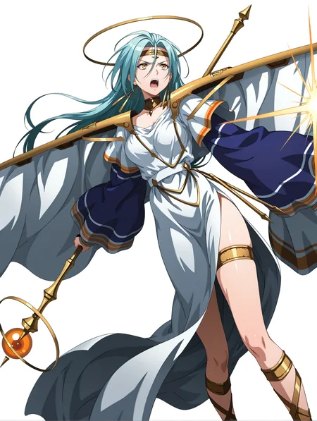 masterpiece,best quality,amazing quality,
1girl,solo,
<lora:Lushiris_ilxl_v1.0>,lushiris,halo,blue hair,yellow eyes,l_clothes,dress,blue sleeves,jewelry,cape,gladiator sandals,l_staff,
<lora:Fixhands_anime_bdsqlsz_V1:1>,white_background,simple_background,standing,arms_up,magic,clenched staff,white light,pillar of light,dynamic_angle,cinematic_angle,dutch angle,serious,shouting,fighting_stance,fighting,