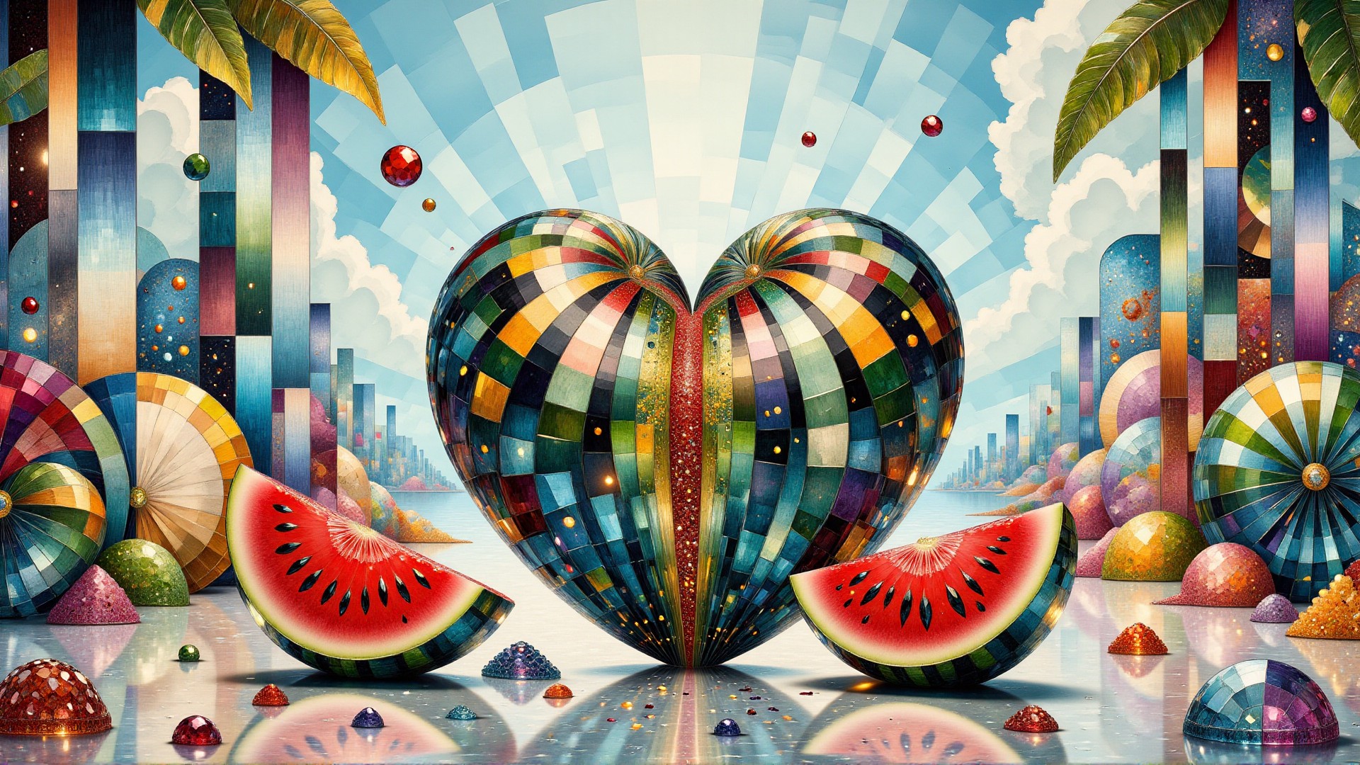 The basic cs-cr1stal scene is heart-shaped watermelon. The picture combines Socialist Realism punk elements with a modern interpretation characterized by elegant lines, a ocean color palette, and intricate striped details. The background skilfully blends shapes into a Surrealist backdrop. <lora:midjourney_whisper_chromaplex_v1:0.8> <lora:Crystality Flux_v1:0.8>