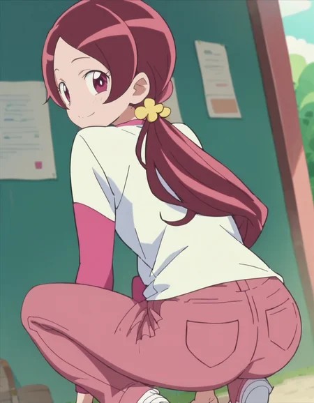 score_9, score_8_up, score_7_up,1girl,solo, anime screencap,hanasakitsubomi, 1girl,shirt,pink sleeve,pants ,cowboy shot,low twin tails,long hair,looking at viewer,smile,blush,from behind,squatting,ass<lora:hanasakitsubomi:0.8>