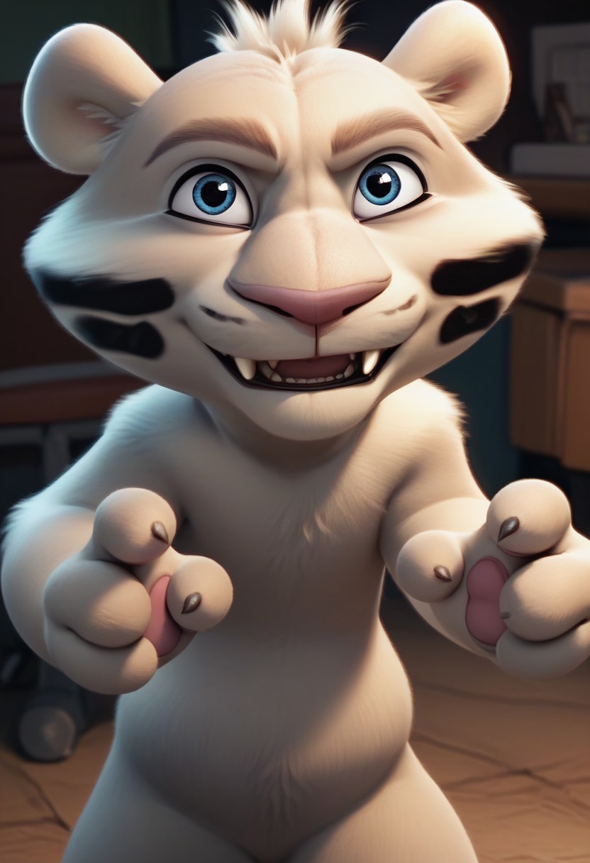 hunter, white tiger, score_9, score_8_up, score_7_up, score_6_up, score_5_up, score_4_up, 4k, masterpiece, four fingers, fangs, looking at viewer, standing, shortstack, white fur, fluffy body, pink nose, round ears, blue eys, pink pawpads, looking up, fluffy fur, blue eyes,