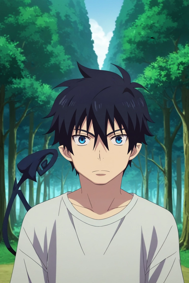 score_9, score_8_up, score_7_up, , rating_safe, , anime screencap, anime coloring, official style, looking at viewer, , 1boy, solo, male focus, <lora:rin_okumura_pony:1>, rin_okumura, black hair, blue eyes, short hair, hair between eyes, , tail, , forest castle, tree towers, leaf courts, wooden halls, noble pose, majestic expression, morning, day of the dead costume, <lora:sdxl_lightning_8step_lora:1>