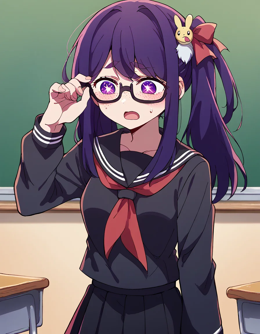 score_9, score_8_up, score_7_up, source_anime, <lora:ai-hoshino-s1-ponyxl-lora-nochekaiser:1>, ai hoshino, long hair, bangs, purple eyes, purple hair, symbol-shaped pupils, one side up, hair ornament, hair ribbon, medium breasts,, <lora:jimiko-ponyxl-lora-nochekaiser:1>, jimiko, glasses, black-framed eyewear, messy, unkempt, thick eyebrows, twintails, braids, freckles, baggy eyes,, blush, open mouth, embarrassed, classroom, adjusting eyewear, serafuku, black serafuku, red neckerchief, skirt, black skirt, pleated skirt, cowboy shot, <lora:averting-eyes-ponyxl-lora-nochekaiser:1>, averting eyes,