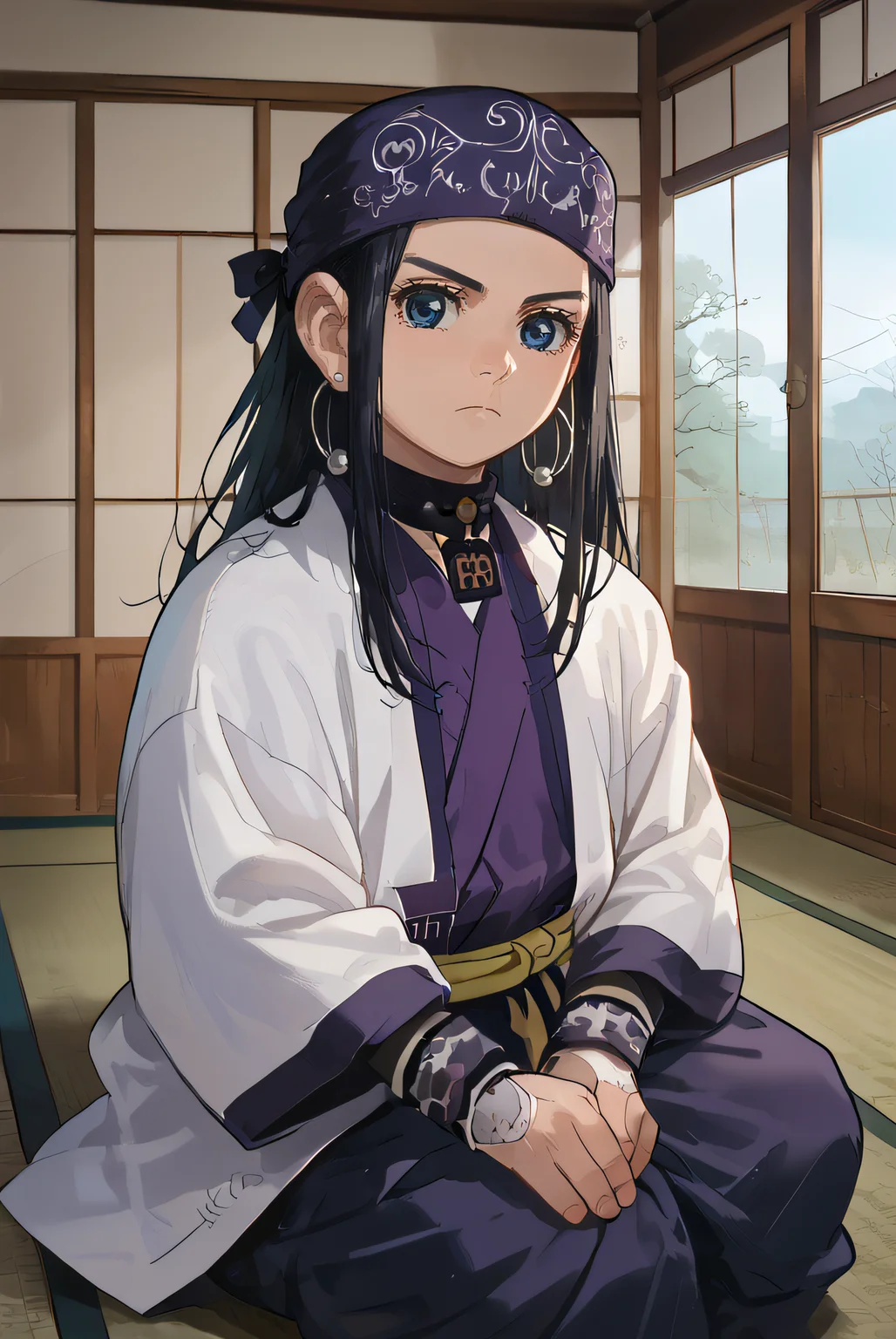 score_9, score_8_up, source_anime,
asirpa, 1girl, solo, long hair, looking at viewer, blue eyes, black hair, jewelry, closed mouth, earrings, hoop earrings, bandana headband, ainu clothes, indoors, sitting, tatami, wariza, <lora:asirpa-10:1>
<lora:Smooth Style 2 SDXL_LoRA_Pony Diffusion V6 XL:0.8>