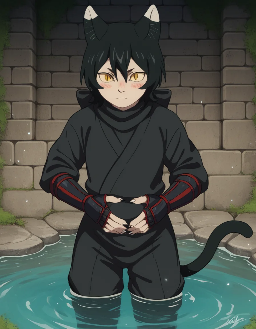 score_9, score_8_up, score_7_up, source_anime, <lora:izutsumi-s1-ponyxl-lora-nochekaiser:1>, izutsumi, black hair, animal ears, tail, yellow eyes, cat ears, cat tail, cat girl, slit pupils,, japanese clothes, gauntlets, ninja, black shirt, black pants,, well, water, stone, old, deep, , hands on stomach, blush,, looking at viewer, solo,, dutch angle, cowboy shot