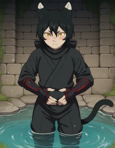 score_9, score_8_up, score_7_up, source_anime, <lora:izutsumi-s1-ponyxl-lora-nochekaiser:1>, izutsumi, black hair, animal ears, tail, yellow eyes, cat ears, cat tail, cat girl, slit pupils,, japanese clothes, gauntlets, ninja, black shirt, black pants,, well, water, stone, old, deep, , hands on stomach, blush,, looking at viewer, solo,, dutch angle, cowboy shot