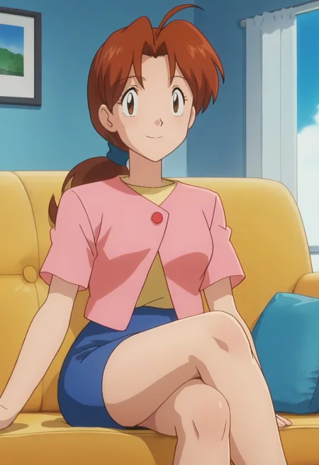score_9, score_8_up, score_7_up, score_6_up, anime screencap, anime coloring, <lora:PMDeliaK_epoch_10:0.8>, PMDeliaK, 1girl, solo, brown hair, ponytail, ahoge, long hair, parted bangs, brown eyes, hair tie,
pink jacket, short sleeves, blue skirt, pencil skirt, 
crossed legs, smile, looking at viewer, sitting, 
BREAK, indoors, couch, blue sky, sunbeam,