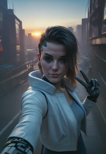 score_9_up, score_8_up, score_7_up, score_6_up detailed, city background, cyberpunk, neon, 1girl, 24yo, selfie, from above, (mechanical parts:1.4), sunrise, open jacket, tight jean, (v:1.2)
