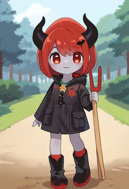 score_9, score_8_up, score_7_up, BREAK
highres, highly detailed, high resolution, high quality,
source_anime, anime screencap, saturation, vivid colors,
1girl, solo, luce, full body, standing, demon girl,
(dark red hair:1.2), (big dark red eyes:1.1), medium hair, cute, (grey skin:1.1), (horns:1.2),
(long black raincoat:1.1), black rubber boots,
pentagram necklace, holding red trident, holding red pitchfork,
pikaole, cute, bokeh,
blurry background, forest background, path