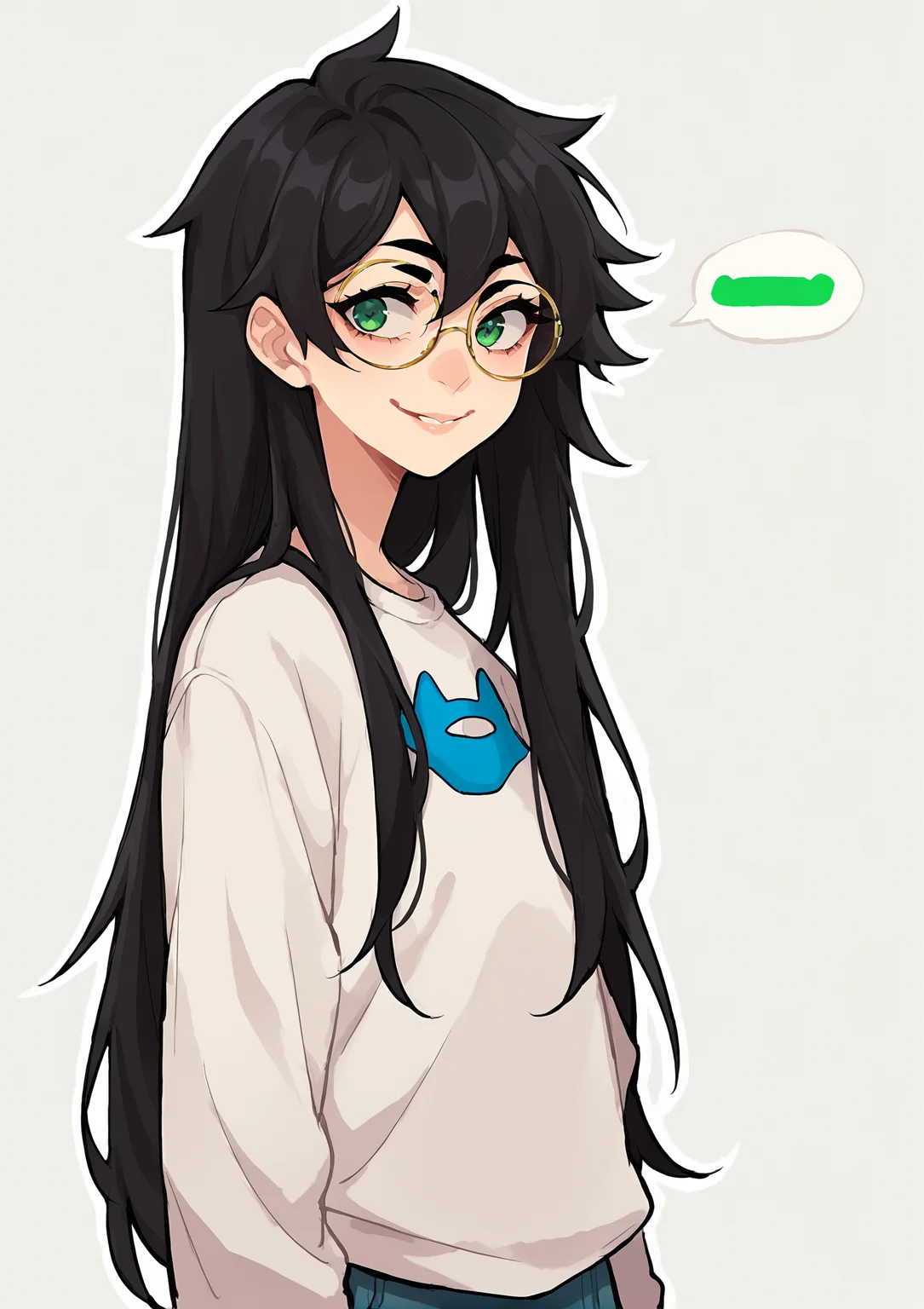 score_9, score_8_up, score_7_up, score_6_up, score_5_up, score_4_up, 2d, anime, anime artstyle, simple shadows, flat coloring, flat shadows, thick lines, white outline, jadeharleystart <lora:Jade_Harley_-_Homestuck__Variant_outfits_-_SDXL_Pony:1>, 1girl, black hair, long hair, glasses, green eyes, smile BREAK source_anime