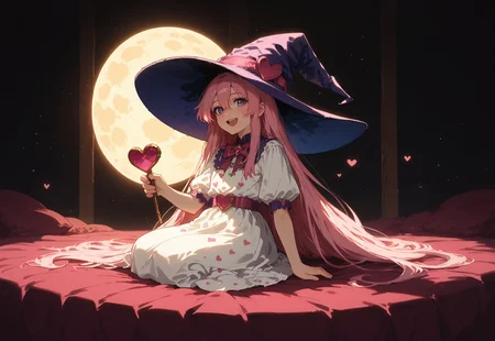 score_9, score_8_up, score_7_up, source_anime, ne0nfant4sy, masterpiece, best quality, very aesthetic, full body, 1girl, 25yrs old, womasn, witch, pink hair, purple eyes, long hair, hair between eyes, very long hair, pink wizard hat, pink and white dress, heart pattern cloche, cute fashion, smiling, mouth open, pink bedroom, sun light rays, contrast lighting, holding a wand, valentines day theme, cute bedroom, love, hearts, passion, cute, 