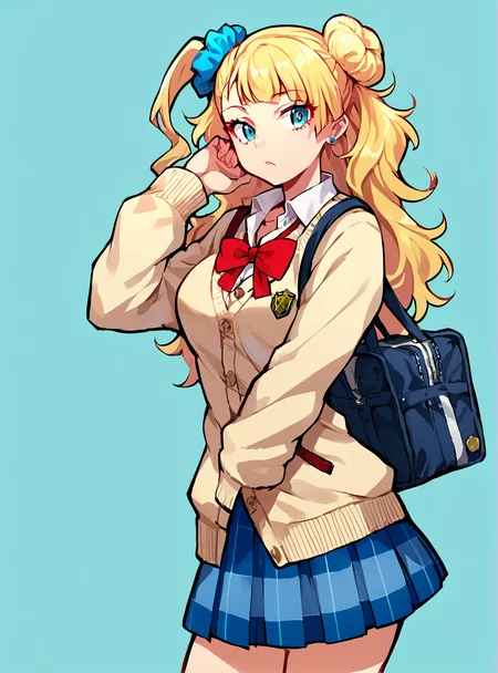 score_9, score_8_up, score_7_up, score_6_up, score_5_up, score_4_up , source_anime, , galkoxl, long hair, asymmetrical hair, blonde hair, blue eyes, hair bun, scrunchie, single side bun, jewelry, earrings, school uniform, skirt, cardigan <lora:GalkoXL:1>