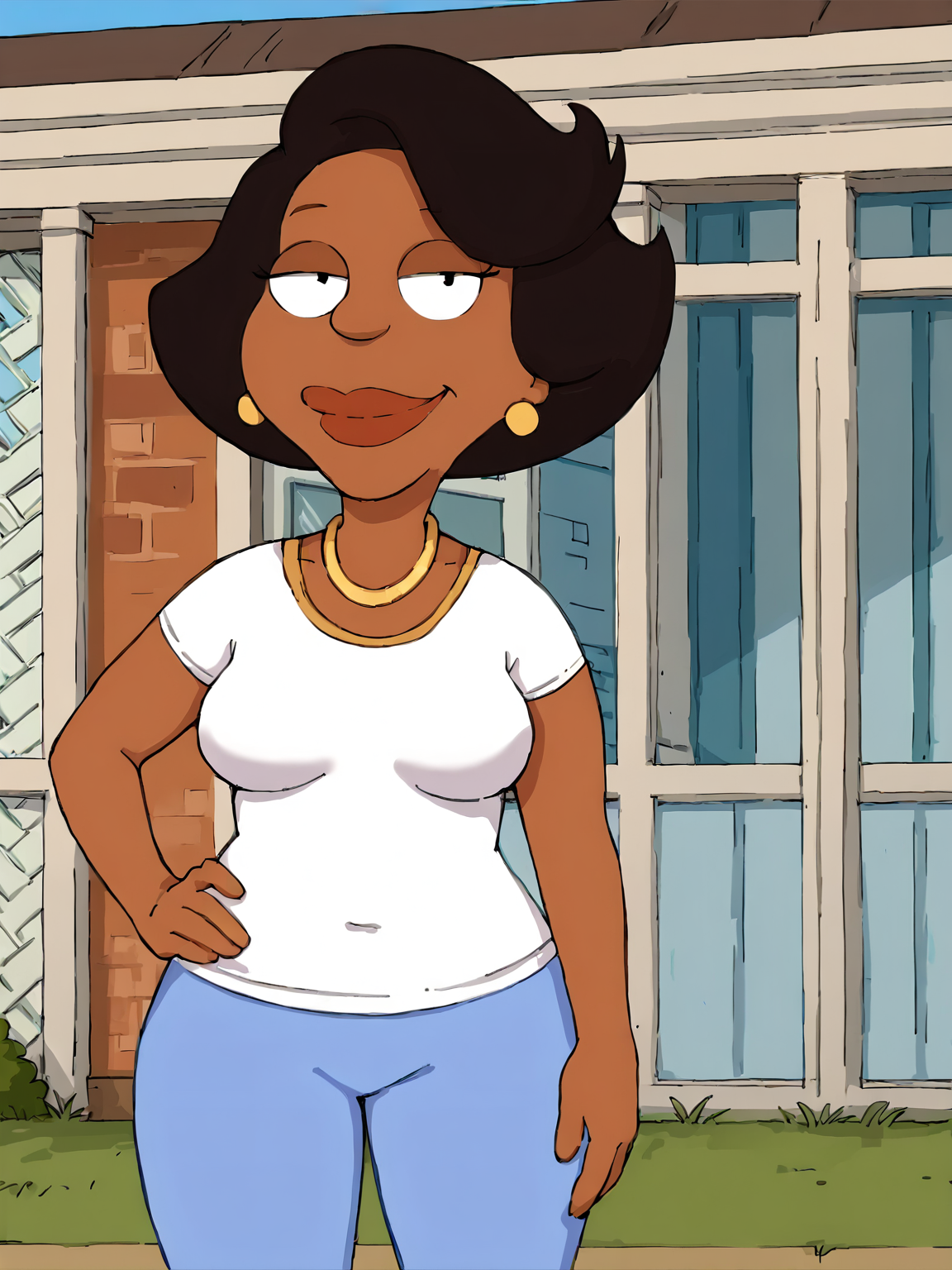 donna, dark skin, black hair, dark-skinned female, 1girl, jewelry, earrings, short hair, solo, necklace, flat color, shirt, white shirt, lipstick, pants, blue pants, mature female  <lora:DonaPony2.0:1>, smile, outdoors, looking at viewer, hand on own hip,, score_9, score_8_up, score_7_up, score_6_up, score_5_up, score_4_up