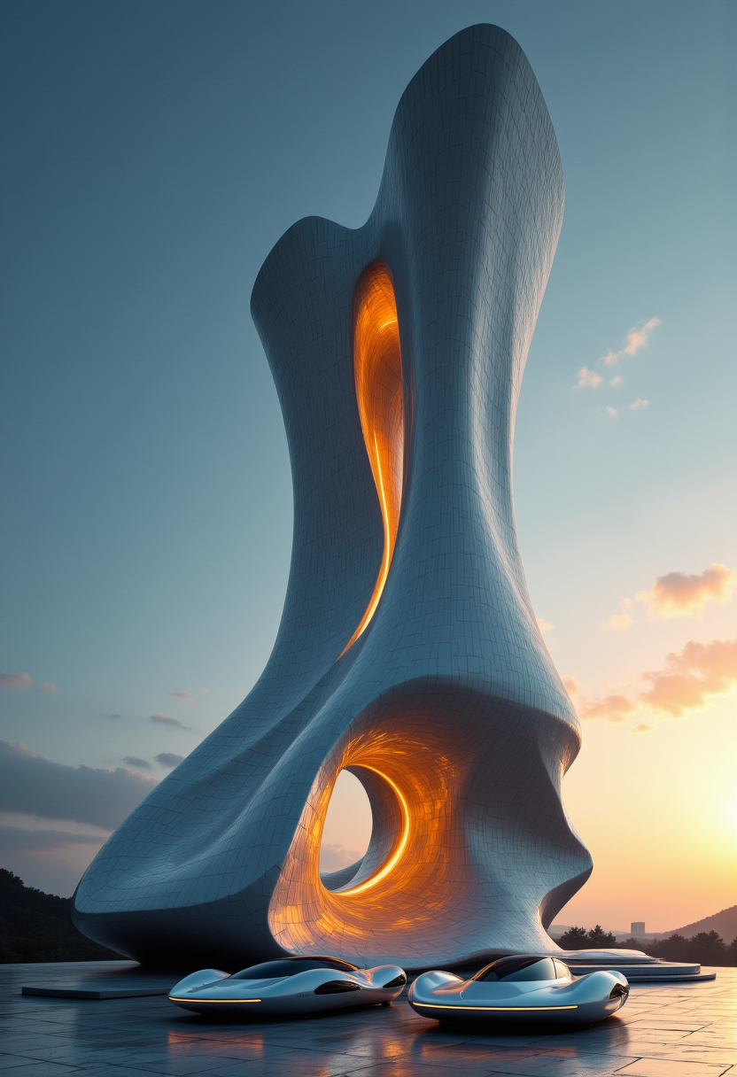 aidmafluxpro1.1,

A masterpiece of (sci-fi) style created by the collaboration of Zaha Hadid and Mel Kishida.

The photograph captures a visionary architectural masterpiece that merges the futuristic aesthetics of sci-fi with the avant-garde sensibilities of renowned architects Zaha Hadid and Mel Kishida. The structure stands as a towering amalgamation of curvilinear forms and fluid lines, evoking a sense of motion and interstellar travel.

From an unconventional angle—nearly parallel to one of the building’s sweeping, curved façades—the camera focuses on an expansive, undulating surface that seems to defy gravity. The viewer's eye is drawn upwards along a diagonal axis where the structure reaches its highest point, creating a dynamic sense of ascent towards the sky. 

The lighting conditions are set for early morning or late evening, casting long shadows and highlighting the building’s reflective surfaces with golden hues. This play of light and shadow adds to the sci-fi atmosphere by emphasizing the metallic textures and smooth, seamless transitions between different structural elements.

In the foreground, a small group of futuristic vehicles—perhaps sleek electric cars or hovercrafts—are parked in front of the building, adding scale and furthering the sci-fi theme. The vehicles are positioned at an angle that enhances their organic yet technological form, blending seamlessly with the architecture's fluid lines.

The background is a gradient sky transitioning from deep blue to vibrant orange, setting a moody and dramatic backdrop that complements the structure’s bold forms. This contrast between the cool metallic sheen of the building and the warm tones of the sky creates a striking visual impact, making the photograph both a testament to architectural innovation and a visually stunning piece of art.

,HD32K,hyperdetailed,best quality,