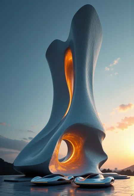 aidmafluxpro1.1,
A masterpiece of (sci-fi) style created by the collaboration of Zaha Hadid and Mel Kishida.
The photograph captures a visionary architectural masterpiece that merges the futuristic aesthetics of sci-fi with the avant-garde sensibilities of renowned architects Zaha Hadid and Mel Kishida. The structure stands as a towering amalgamation of curvilinear forms and fluid lines, evoking a sense of motion and interstellar travel.
From an unconventional angle—nearly parallel to one of the building’s sweeping, curved façades—the camera focuses on an expansive, undulating surface that seems to defy gravity. The viewer's eye is drawn upwards along a diagonal axis where the structure reaches its highest point, creating a dynamic sense of ascent towards the sky.
The lighting conditions are set for early morning or late evening, casting long shadows and highlighting the building’s reflective surfaces with golden hues. This play of light and shadow adds to the sci-fi atmosphere by emphasizing the metallic textures and smooth, seamless transitions between different structural elements.
In the foreground, a small group of futuristic vehicles—perhaps sleek electric cars or hovercrafts—are parked in front of the building, adding scale and furthering the sci-fi theme. The vehicles are positioned at an angle that enhances their organic yet technological form, blending seamlessly with the architecture's fluid lines.
The background is a gradient sky transitioning from deep blue to vibrant orange, setting a moody and dramatic backdrop that complements the structure’s bold forms. This contrast between the cool metallic sheen of the building and the warm tones of the sky creates a striking visual impact, making the photograph both a testament to architectural innovation and a visually stunning piece of art.
,HD32K,hyperdetailed,best quality,