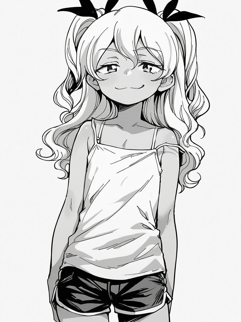 score_9, score_8_up, score_7_up,  
1girl, monochrome, houjou reona, white hair, long hair, wavy hair, two side up, hair ribbon, flat chest, 

standing, narrowed eyes, smile, closed mouth, smug, white background, shorts, camisole, arms at sides, looking at viewer, solo,


