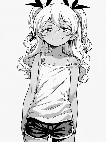 score_9, score_8_up, score_7_up,  
1girl, monochrome, houjou reona, white hair, long hair, wavy hair, two side up, hair ribbon, flat chest, 

standing, narrowed eyes, smile, closed mouth, smug, white background, shorts, camisole, arms at sides, looking at viewer, solo,


