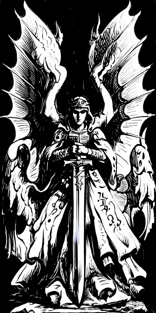the holy sword of extermination,weapon focus,demon wings,angel wings,sword, grayscale, art by llbreton, <lora:LLbreton_V3:1>