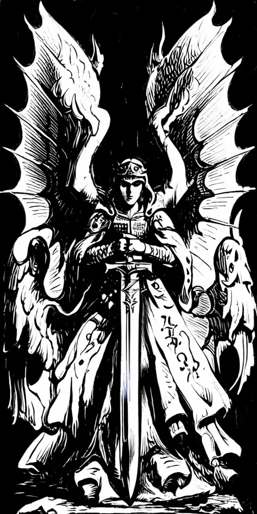 the holy sword of extermination,weapon focus,demon wings,angel wings,sword, grayscale, art by llbreton, <lora:LLbreton_V3:1>