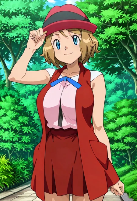 Best quality,masterpiece,soft light,official art,masterpiece,high quality,highres,absurdres,best quality,epic scene,natural textures,easynegative,huge_breasts, mature body, Erotic_style,anime_coloring,
cowboy shot, outdoors, 1girl,solo,smile,
Serena,brown_hair, short_hair, wavy hair, blue_eyes,hat,shirt,skirt,