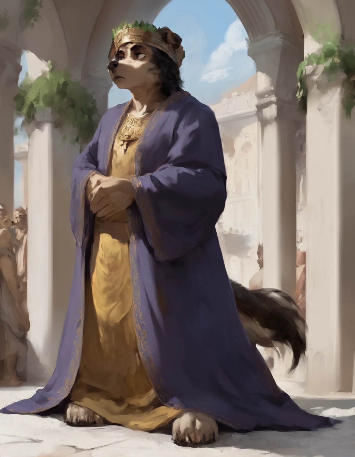 source_furry, furry white italian hound dog, wearing a roman leaf crown and purple robe, standing at a roman style palace, ancient rome, expressionless, full body, tail,
<lora:chunie-Pony-XL-v6:0.8> <lora:MegaFluffyPony:0.3> MegaFluffyPony, furry, fluffy, score_9, score_8_up, score_7_up, score_6_up, score_5_up,