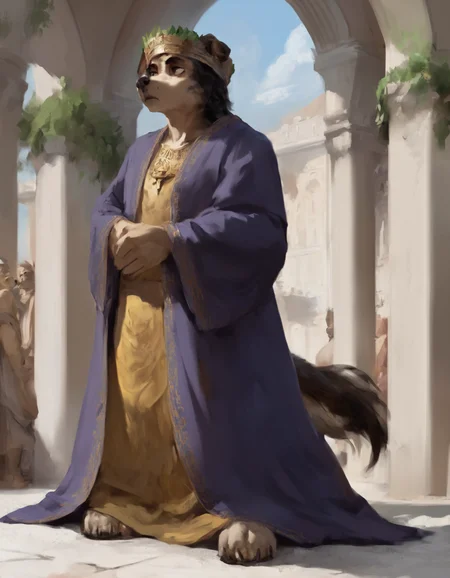 source_furry,  furry white italian hound dog, wearing a roman leaf crown and purple robe, standing at a roman style palace, ancient rome, expressionless,     full body,  tail, 
<lora:chunie-Pony-XL-v6:0.8> <lora:MegaFluffyPony:0.3> MegaFluffyPony, furry, fluffy, score_9, score_8_up, score_7_up, score_6_up, score_5_up,