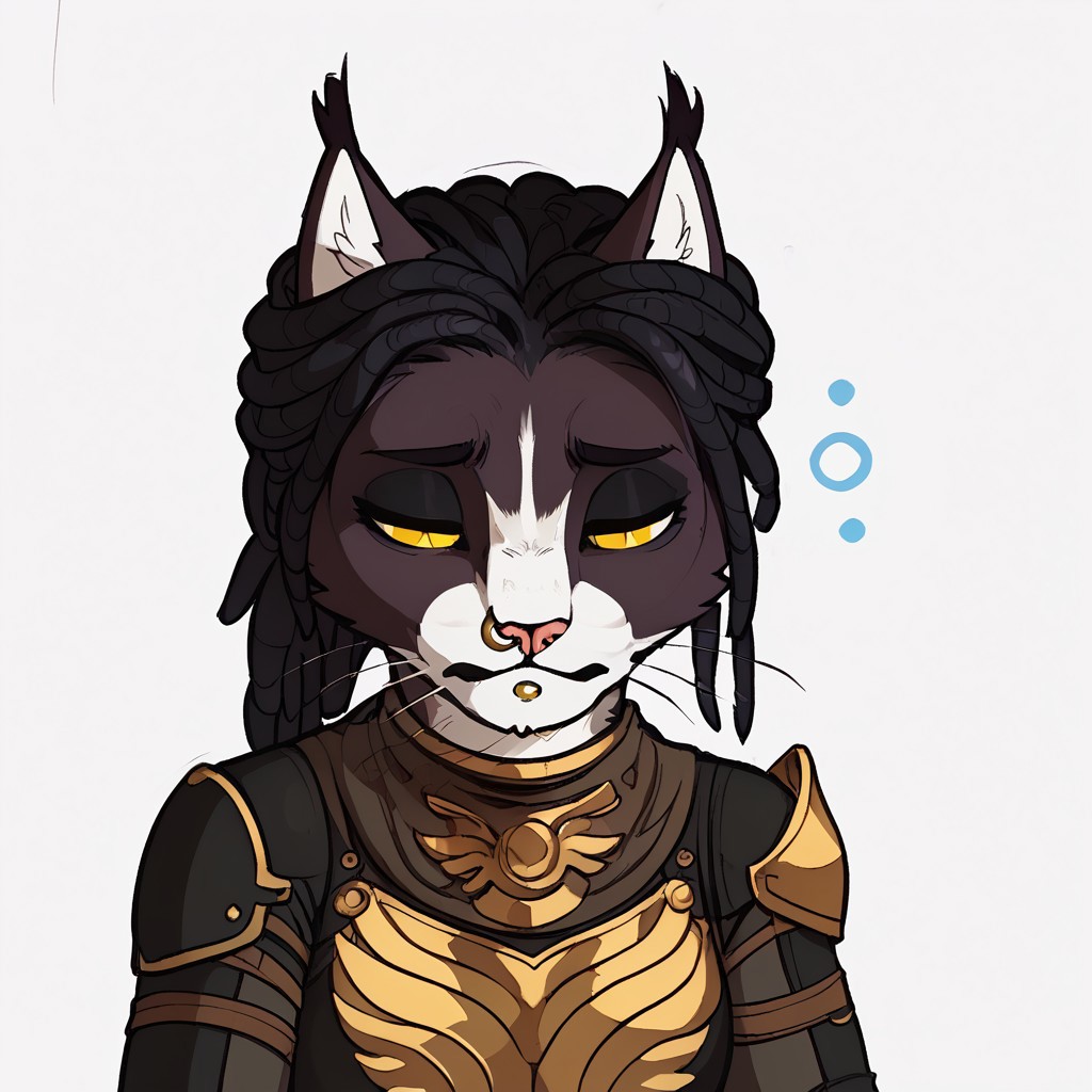 em0te art style, score_9, score_8_up, score_7_up, score_6_up, best quality,
anthro, 1girl, 3mb3r, high quality, white background, ((sleepy, leans forward, closed eyes, blurping)), high res , highly detailed face, white background, chibi, black armor, feline, black and white fur, yellow eyes, black hair, nose ring, chin piercing, extremely detailed