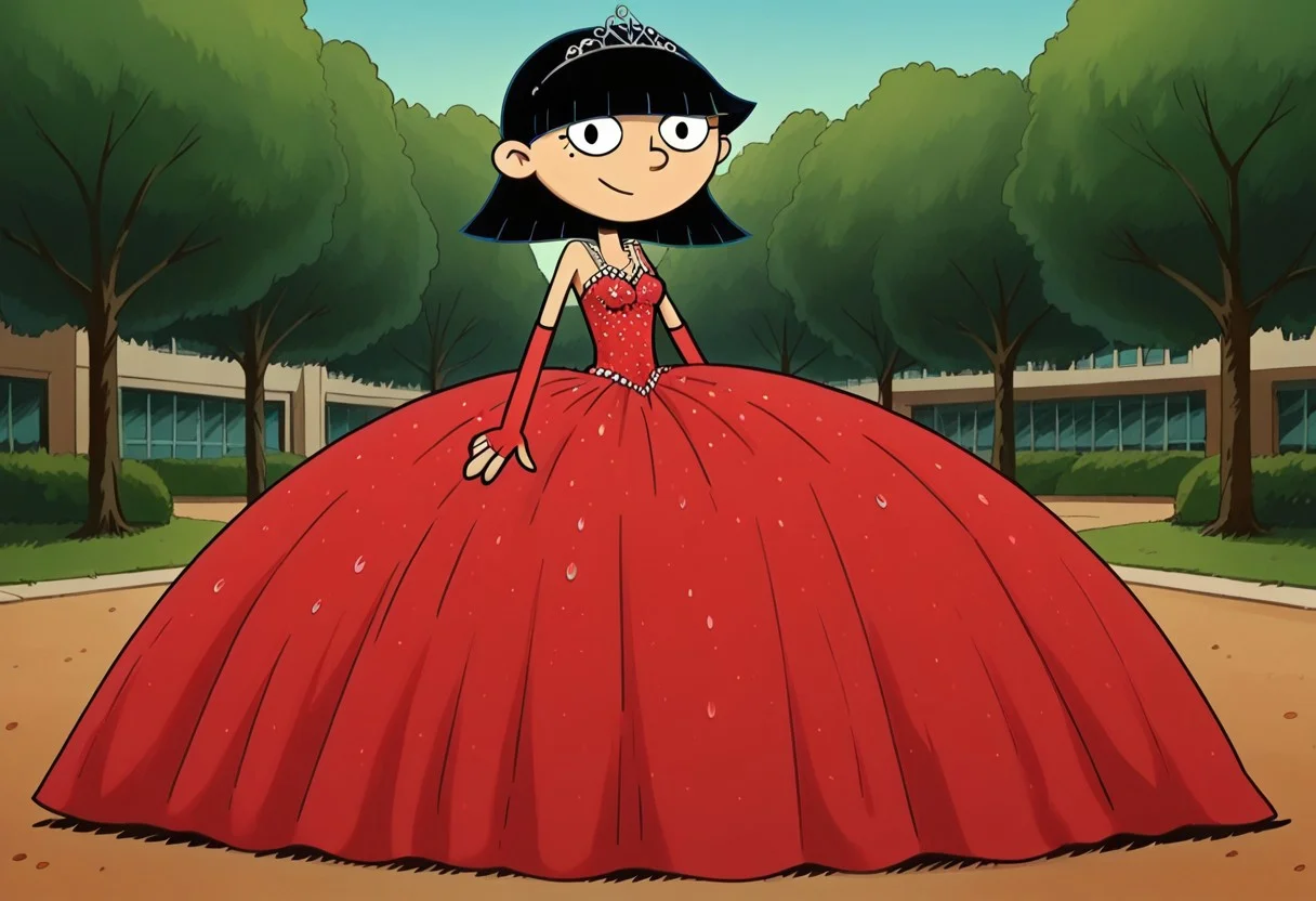score_9_up,score_8_up,score_7_up,score_6_up,score_5_up,score_4_up BREAK rhonda,black hair, black eyes, bob cut, blunt bangs, Very large red floor length gown, ball gown, rhimestones. She is also wearing a tiara, hoop skirt, dome shape skirt, quinceanera, prom, pageant, long elbow length red fingerless Satin bridal gloves, contrapposto, hand on own hip, park, tree, building,smile,arm at side, leaning to the side, dutch angle, looking at viewer, <lora:RhondaPony:1>