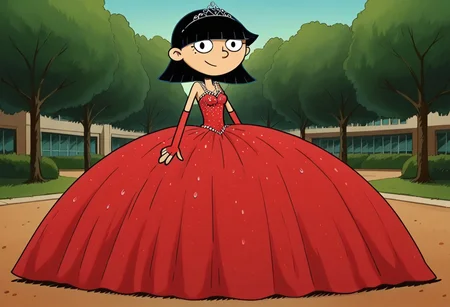 score_9_up,score_8_up,score_7_up,score_6_up,score_5_up,score_4_up BREAK rhonda,black hair, black eyes, bob cut, blunt bangs, Very large red floor length gown, ball gown, rhimestones. She is also wearing a tiara, hoop skirt, dome shape skirt, quinceanera, prom, pageant, long elbow length red fingerless Satin bridal gloves, contrapposto, hand on own hip, park, tree, building,smile,arm at side, leaning to the side, dutch angle, looking at viewer, <lora:RhondaPony:1>