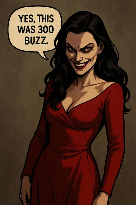 Evil woman saying "Yes, this was 300 buzz", She is beautiful, evil grin, red dress, cowboy shot