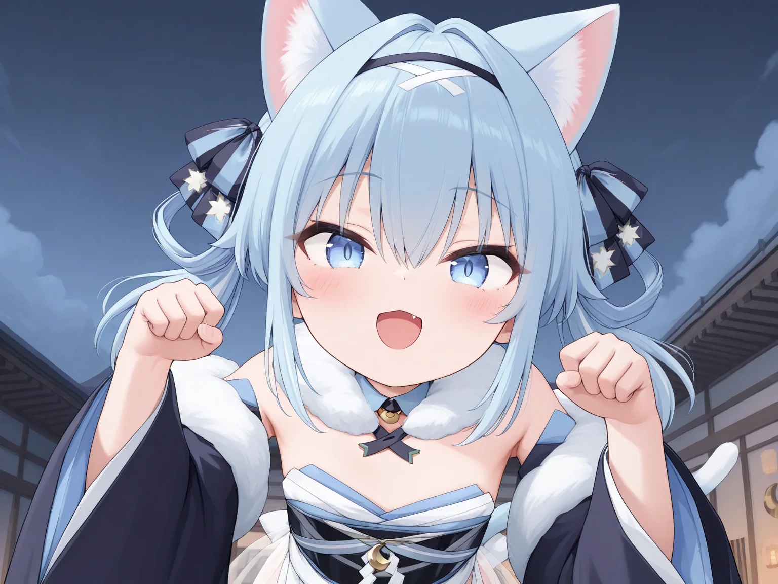 absurdres,highres,masterpiece,best quality,amazing quality,outdoors,
petite,looking at viewer,dynamic pose,
temple,pagoda,night,cloudy sky,
open mouth,fang,happy,((upper body,close-up)),
standing,paw pose,leaning forward,
<lora:Suzunami_AZ_illuV01_b3g2plw05c08_d16a8_lr1056_rvs:1>,bare legs,((crescent sleeves ornament)),white x hair ornament,
Suzunami_AZ,blue hair,medium hair,hair rings,two side up,sidelocks,cat ears,ear fluff,black hairband,striped hair ribbons,star print hair ribbons,hair between eyes,blue eyes,fur-trimmed collar,detached collar,neck ribbon,white fur scarf,bare shoulders,strapless,collarbone,print detached sleeves,long sleeves,wide sleeves,layered sleeves,black sleeves,sleeves past wrists,black waist armor,blue obi,waist ribbon,crescent waist ornament,layered kimono,off-shoulder kimono,layered pelvic curtain,see-through frilled skirt,gradient tassel,blue cat tail,
