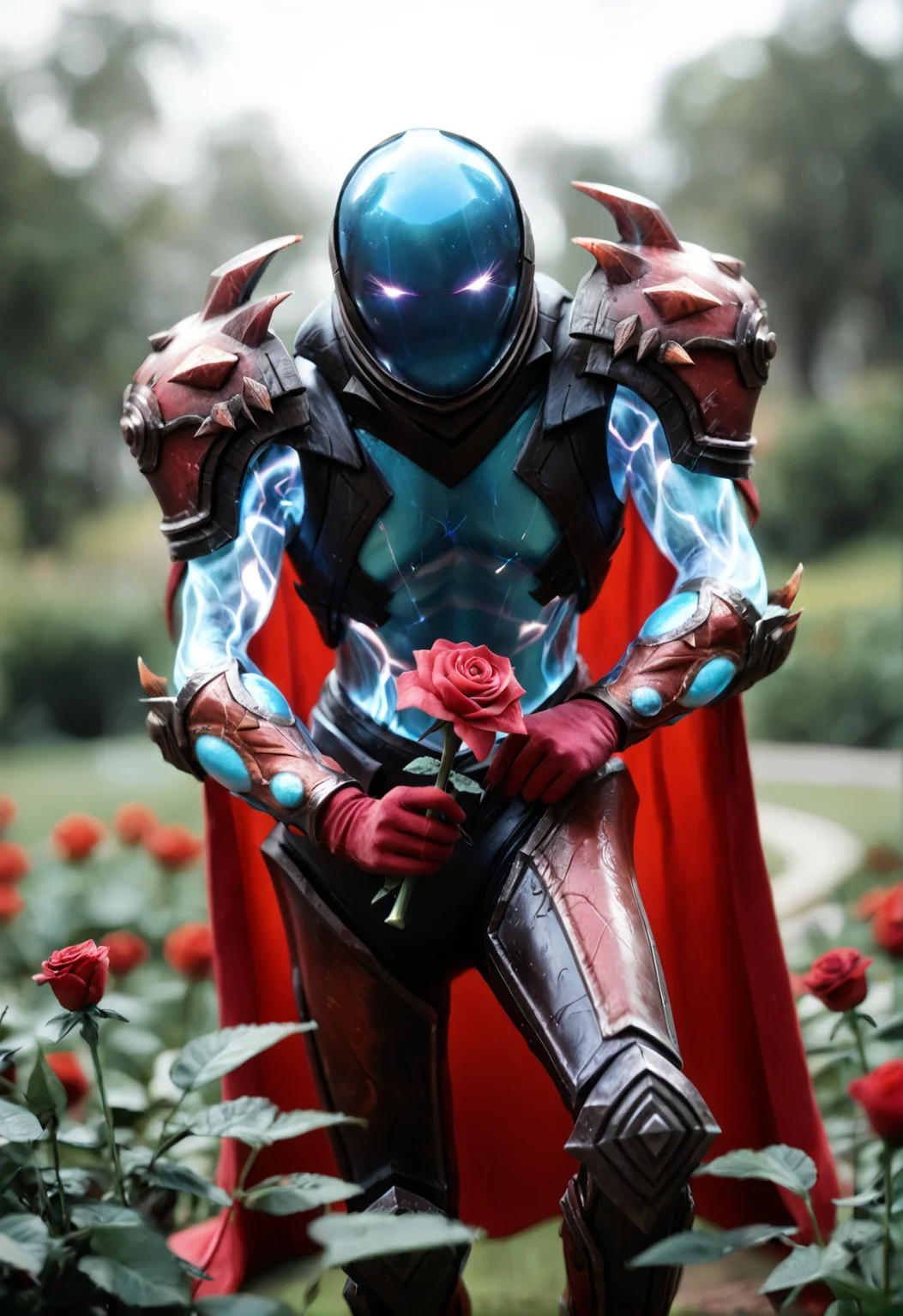 <lora:Arc_Warden_v1:1> arc_warden_v1,
1boy, no humans,
glowing,
claws,
armor, cape, helmet,gloves, shoulder armor, boots, gloves,, score_9, score_8_up, score_7_up, score_6_up, derpibooru_p_95,
detailed eyes, beautiful, detailed background, perfect eyes,
blur censor, blurry, blurry background, blurry foreground, bokeh, motion blur,
chromatic aberration, depth of field, figure, focused, focus
photography, realistic sun light and shadows, photorealism, UHD --ar 9:16 --style raw --stylize 700,
solo,
garden background,holding a rose, smelling a rose, closed eyes, romantic style, slight smile, unique angle, comics angle, close shot,