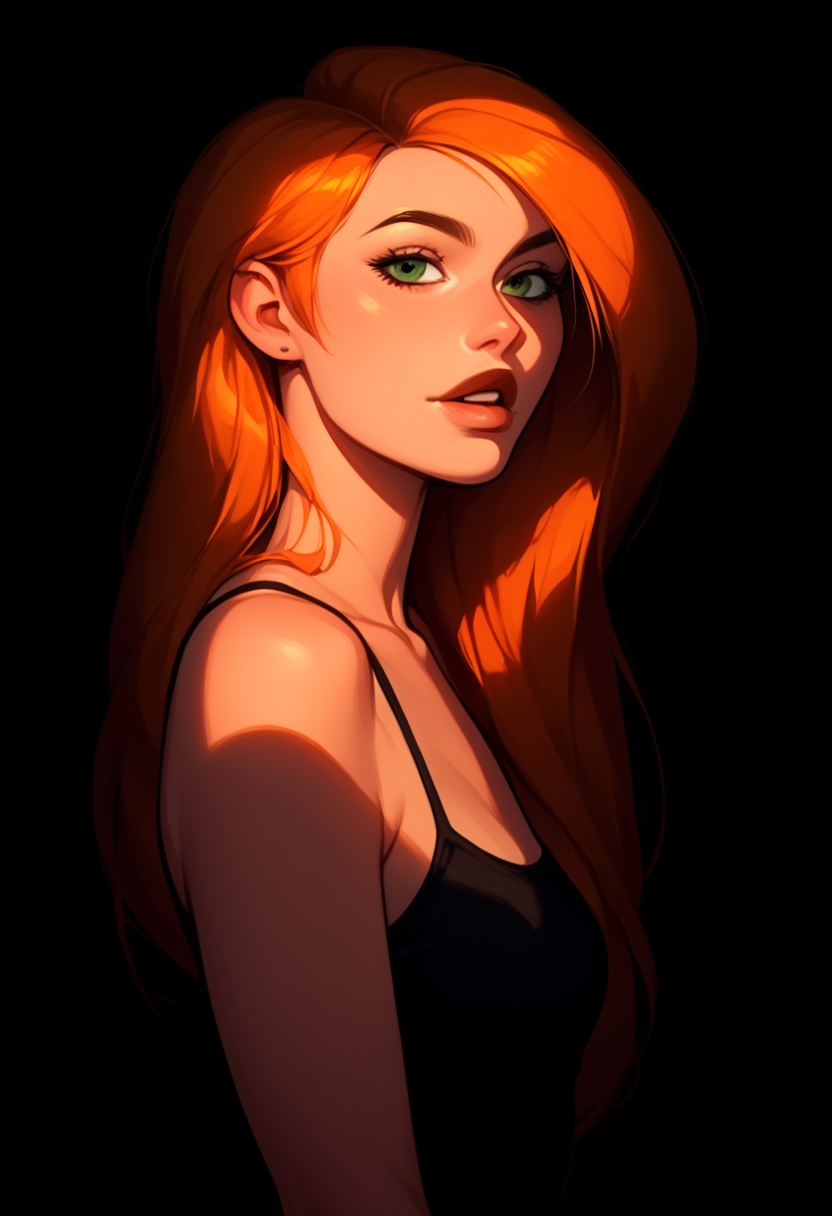 1girl, kim possible, lips, thin lips, parted lips, solo, looking at viewer, camisole, upper body, dark, underlightling, masterpiece, best quality, very aesthetic, <lora:sdxl_ponyv4_noob1_2_adamW-000017:1>, <lora:sdxl_Kim_Possible:1>, <lora:sdxl_Underlighting Underlight light from below style:0.5>, <lora:sdxl_S1_Dramatic_Lighting_v2:0.5>, black background, simple background, (source_anime:0.5), <lora:sdxl_longneck-v2.1:-2>, <lora:sdxl_DarkerThanDarkV1:1@0, 0@3>, score_9, score_8_up, score_7_up, score_6_up, score_5_up, score_4_up