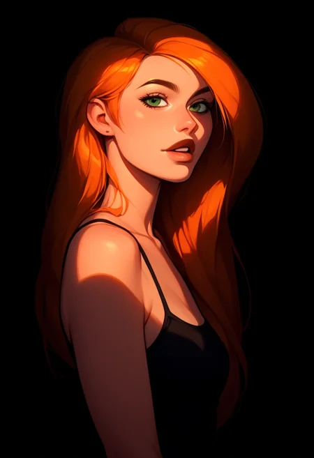 1girl, kim possible, lips, thin lips, parted lips, solo, looking at viewer, camisole, upper body, dark, underlightling, masterpiece, best quality, very aesthetic, <lora:sdxl_ponyv4_noob1_2_adamW-000017:1>, <lora:sdxl_Kim_Possible:1>, <lora:sdxl_Underlighting Underlight light from below style:0.5>, <lora:sdxl_S1_Dramatic_Lighting_v2:0.5>, black background, simple background, (source_anime:0.5), <lora:sdxl_longneck-v2.1:-2>, <lora:sdxl_DarkerThanDarkV1:1@0, 0@3>, score_9, score_8_up, score_7_up, score_6_up, score_5_up, score_4_up