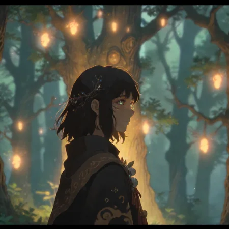Black, Ultra High Definition, studio ghibli, 80s anime aesthetic, fey-pact warlock talking to the tree spirits, candid side shot, (chromatic aberration) (faded colors) outlines, anime bloom effect, soft lighting, CG particles effect, 4K resolution, detailed pupils,<lora:neg4all_bdsqlsz_xl_V9:0.7> <lora:add-detail-xl:0.7>