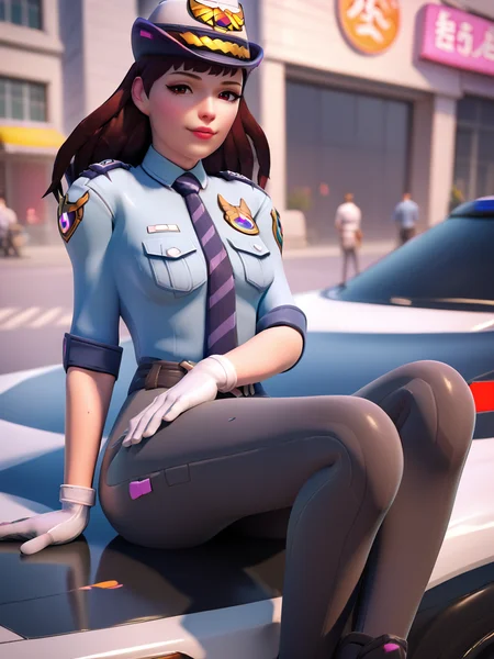 score_9, score_8_up, score_7_up, 1girl, solo focus, officerdva, d.va (overwatch), pink whiskers, <lora:Officerdva-000030:1> sitting on police cruiser, city downtown