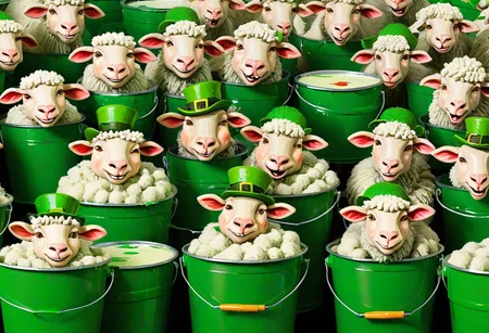 cartoon style, exaggerated features, leprechauns with mischievous grins, flock of sheep in various stages of being painted green, paint brushes, buckets of paint, vibrant colors, slapstick humor