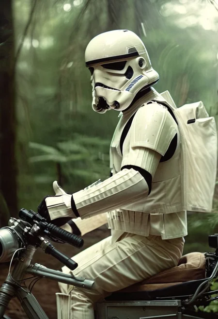 big lebowsky film style photography, Closeup, thumb-up, Vintage Photo, stormtrooper sitting on speederbike on endor, front view, veil of motion, cockpit speed view, high-speed chase, thumb up pose, 
very detailed, hd, RAW photograph, masterpiece, top quality, best quality, official art,highest detailed, atmospheric lighting, cinematic composition, high quality , (8k, RAW photo, highest quality),