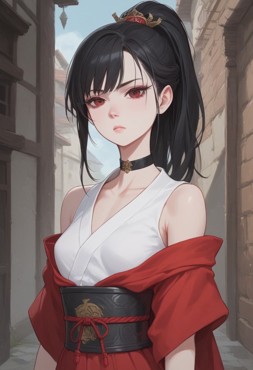 score_9, score_8_up, score_7_up, extremely detailed, 1 girl, pale skin, tall, skinny, athletic body, small breasts, medium length black hair, tight ponytail, side bangs, stern expression, wearing short sleeveless kimono, black wristguards with red trim, fingerless gloves, choker, kunoichi, in a medieval alleyway