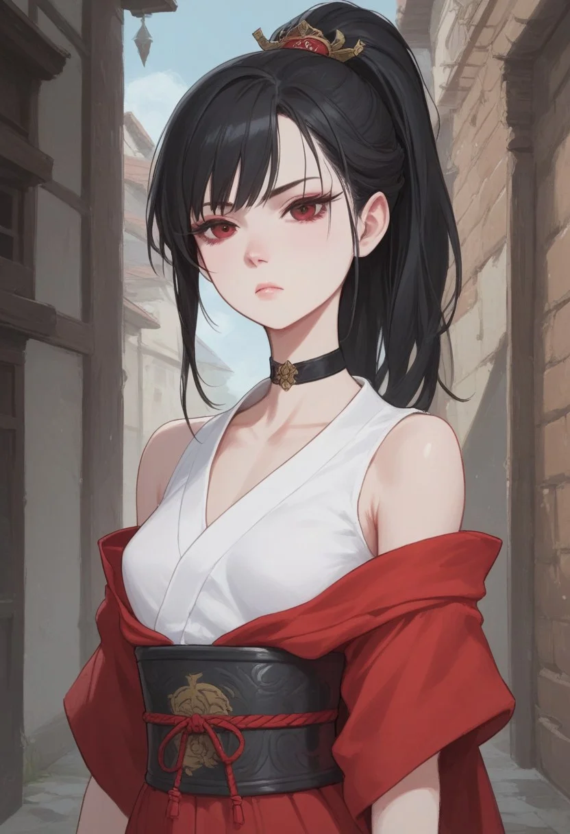 score_9, score_8_up, score_7_up, extremely detailed, 1 girl, pale skin, tall, skinny, athletic body, small breasts, medium length black hair, tight ponytail, side bangs, stern expression, wearing short sleeveless kimono, black wristguards with red trim, fingerless gloves, choker, kunoichi, in a medieval alleyway
