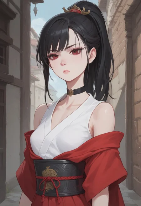 score_9, score_8_up, score_7_up, extremely detailed, 1 girl, pale skin, tall, skinny, athletic body, small breasts, medium length black hair, tight ponytail, side bangs, stern expression, wearing short sleeveless kimono, black wristguards with red trim, fingerless gloves, choker, kunoichi, in a medieval alleyway