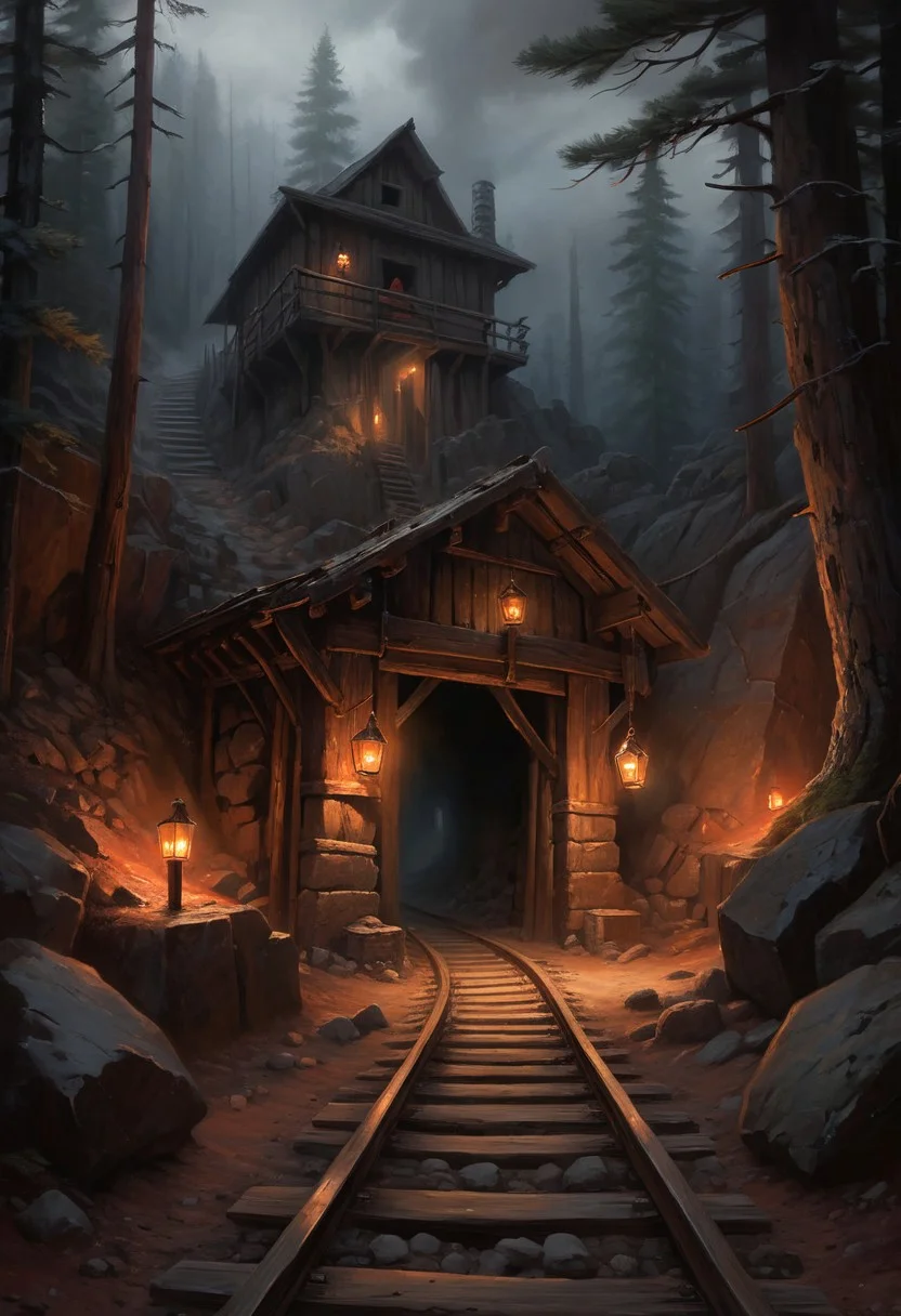oil painting, fantasy, rpg, mineshaft entrance, mine, long dark hallway with timbering and lanterns, rail tracks into the mine, decending deep into the earth, chrystal mines, in the pines, timbering, lanterns, tall red pine trees, dark clouds, rock, boulders, dirt, mud, (misty:1.5), creepy atmosphere, dramatic light, (darkness:2.5), 34K uhd, masterpiece, high detail, 8k, intricate, detailed, high resolution, high res, high quality, highly detailed, Extremely high-resolution details, fine texture, darkness